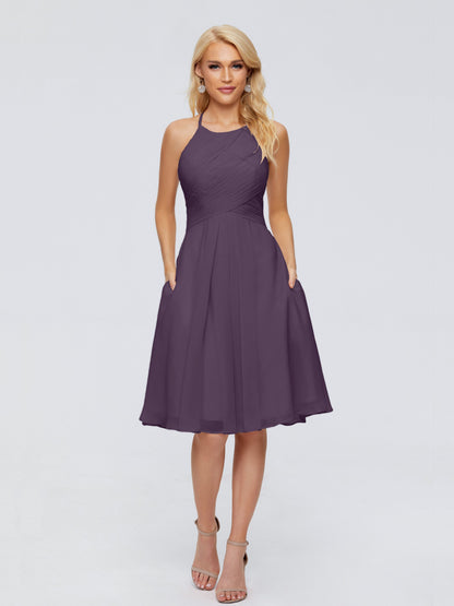 Molly Halter Knee Length Chiffon Bridesmaid Dresses With Pockets