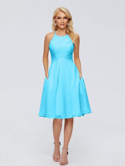 Molly Halter Knee Length Chiffon Bridesmaid Dresses With Pockets
