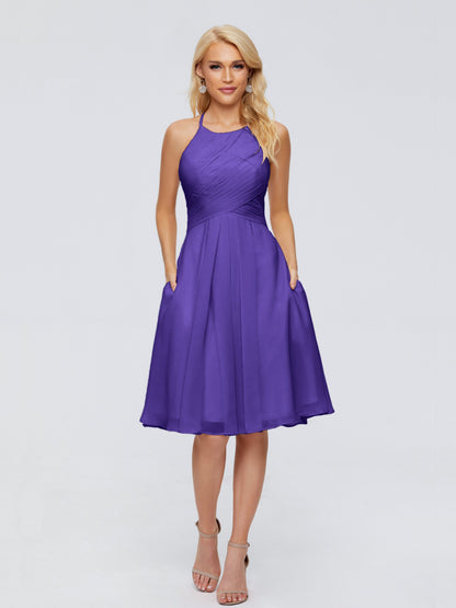Molly Halter Knee Length Chiffon Bridesmaid Dresses With Pockets