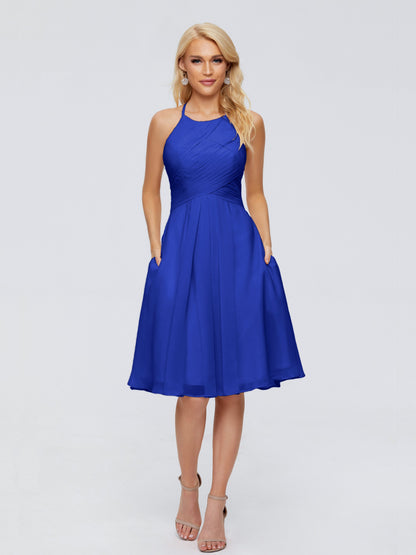 Molly Halter Knee Length Chiffon Bridesmaid Dresses With Pockets