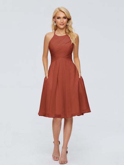 Molly Halter Knee Length Chiffon Bridesmaid Dresses With Pockets