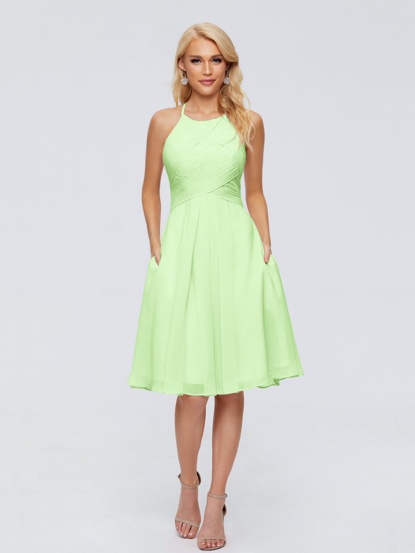Molly Halter Knee Length Chiffon Bridesmaid Dresses With Pockets