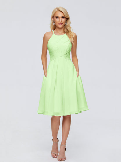 Molly Halter Knee Length Chiffon Bridesmaid Dresses With Pockets