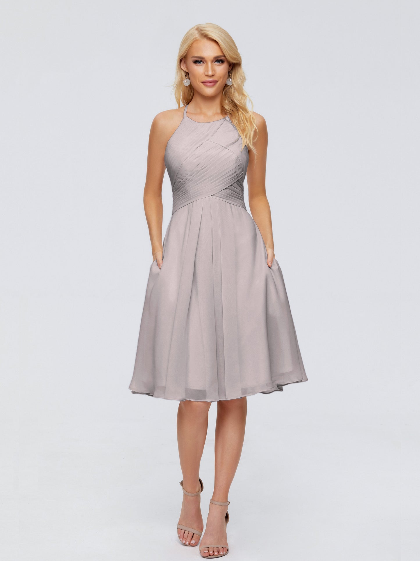 Molly Halter Knee Length Chiffon Bridesmaid Dresses With Pockets