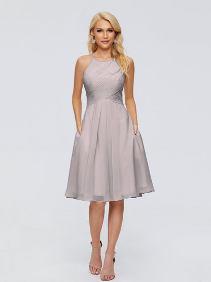 Molly Halter Knee Length Chiffon Bridesmaid Dresses With Pockets