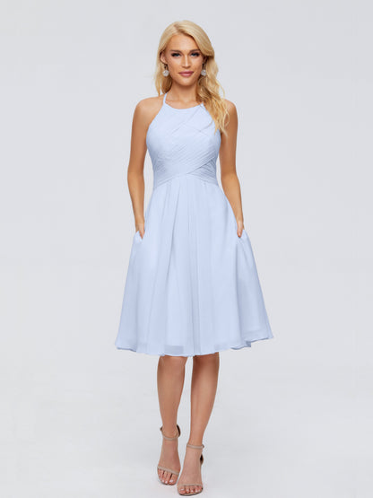 Molly Halter Knee Length Chiffon Bridesmaid Dresses With Pockets