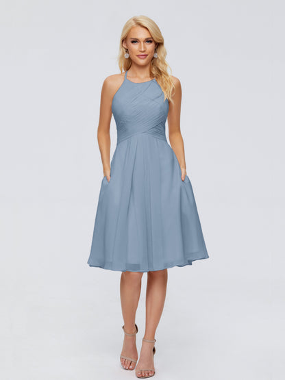 Molly Halter Knee Length Chiffon Bridesmaid Dresses With Pockets