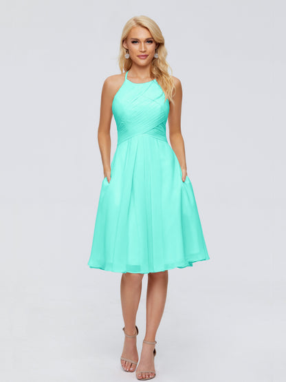 Molly Halter Knee Length Chiffon Bridesmaid Dresses With Pockets