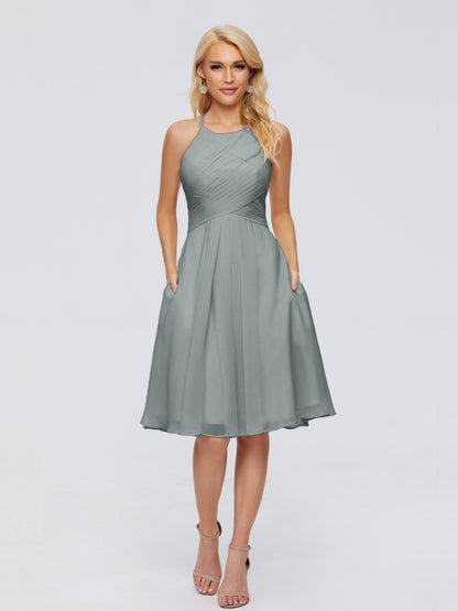 Molly Halter Knee Length Chiffon Bridesmaid Dresses With Pockets
