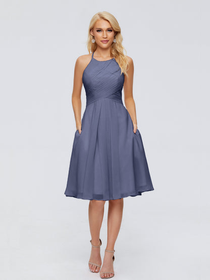 Molly Halter Knee Length Chiffon Bridesmaid Dresses With Pockets