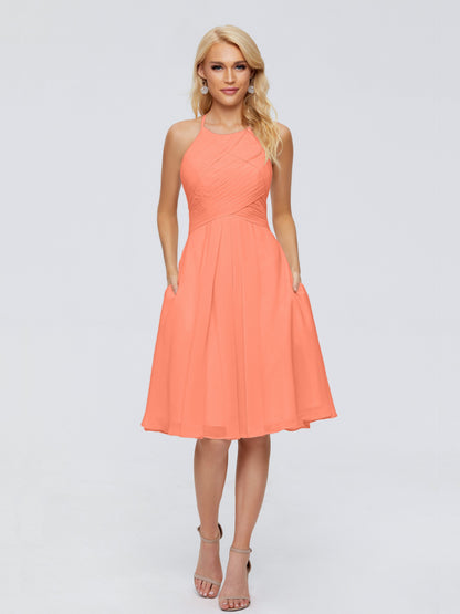 Molly Halter Knee Length Chiffon Bridesmaid Dresses With Pockets