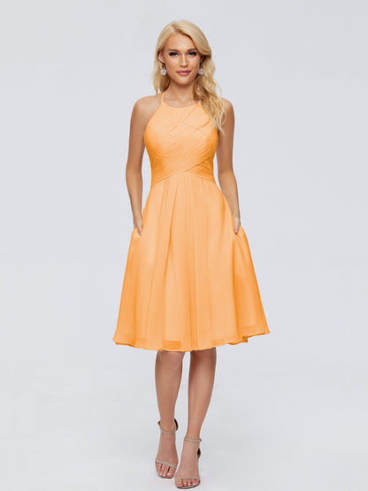 Molly Halter Knee Length Chiffon Bridesmaid Dresses With Pockets