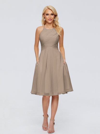 Molly Halter Knee Length Chiffon Bridesmaid Dresses With Pockets
