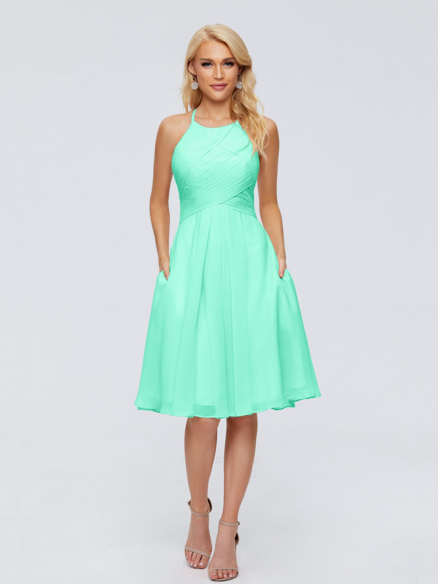Molly Halter Knee Length Chiffon Bridesmaid Dresses With Pockets