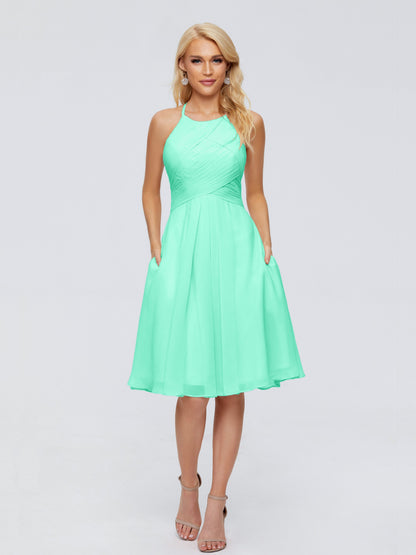 Molly Halter Knee Length Chiffon Bridesmaid Dresses With Pockets