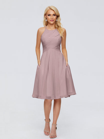 Molly Halter Knee Length Chiffon Bridesmaid Dresses With Pockets