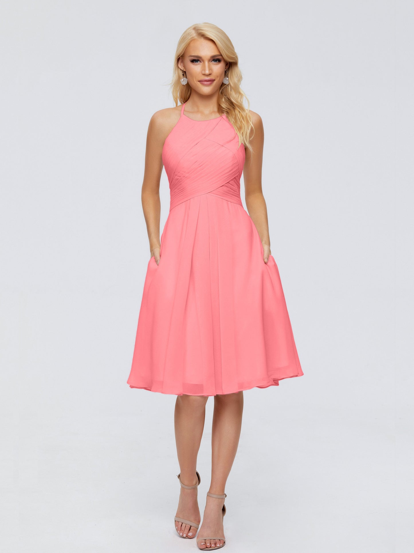 Molly Halter Knee Length Chiffon Bridesmaid Dresses With Pockets