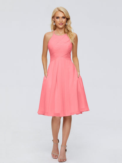 Molly Halter Knee Length Chiffon Bridesmaid Dresses With Pockets