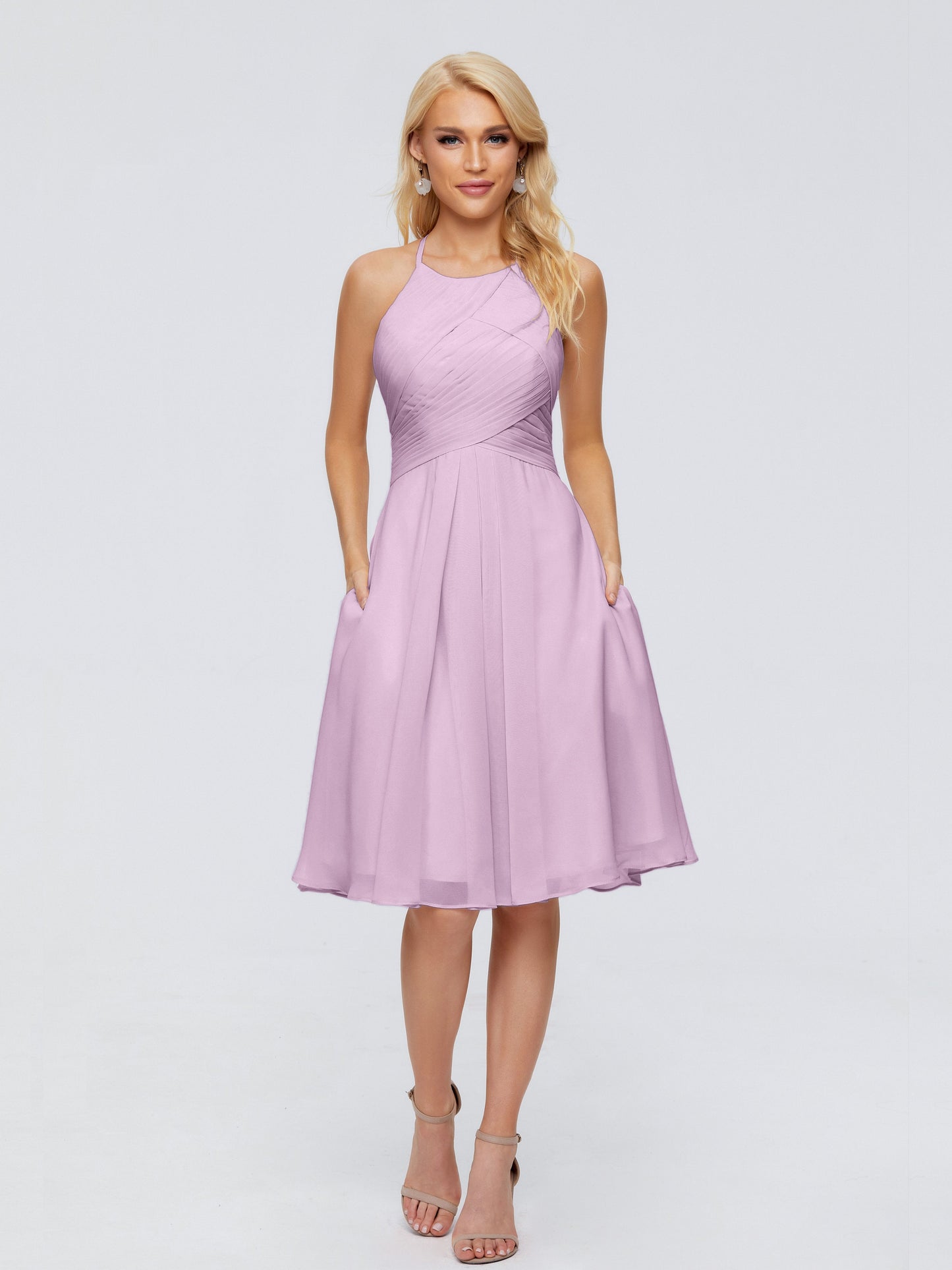Molly Halter Knee Length Chiffon Bridesmaid Dresses With Pockets