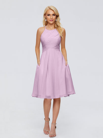 Molly Halter Knee Length Chiffon Bridesmaid Dresses With Pockets