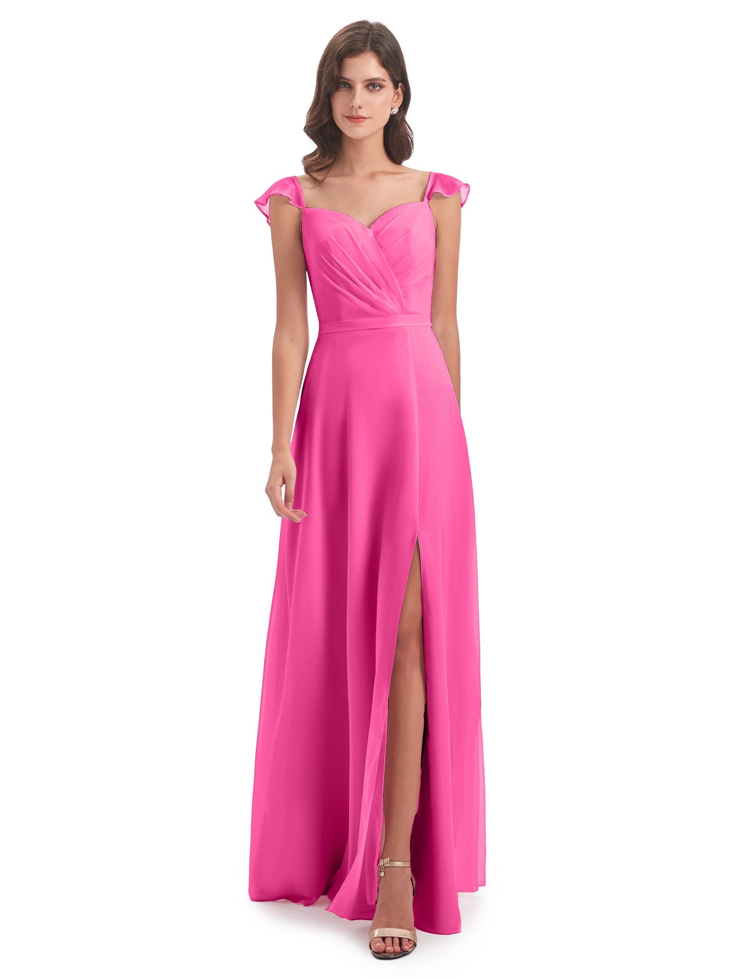 Mylah Sheath Cap Sleeves Split Chiffon Long Bridesmaid Dresses