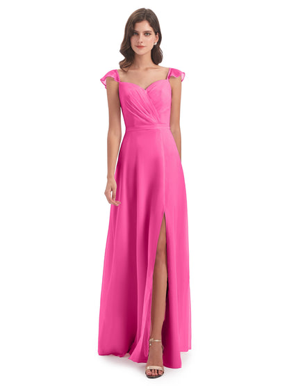 Mylah Sheath Cap Sleeves Split Chiffon Long Bridesmaid Dresses