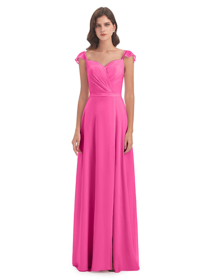 Mylah Sheath Cap Sleeves Split Chiffon Long Bridesmaid Dresses