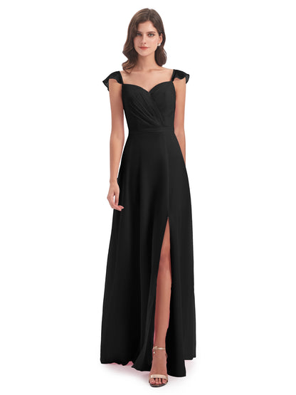 Mylah Sheath Cap Sleeves Split Chiffon Long Bridesmaid Dresses