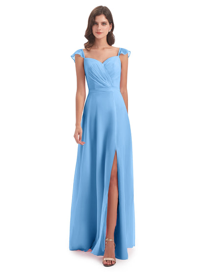 Mylah Sheath Cap Sleeves Split Chiffon Long Bridesmaid Dresses