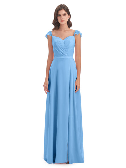 Mylah Sheath Cap Sleeves Split Chiffon Long Bridesmaid Dresses