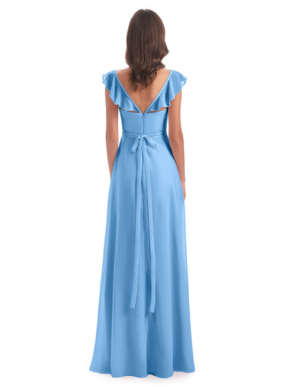 Mylah Sheath Cap Sleeves Split Chiffon Long Bridesmaid Dresses