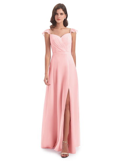 Mylah Sheath Cap Sleeves Split Chiffon Long Bridesmaid Dresses