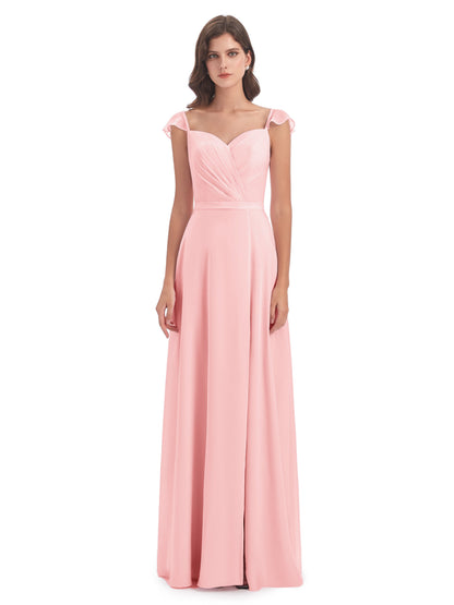 Mylah Sheath Cap Sleeves Split Chiffon Long Bridesmaid Dresses
