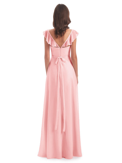 Mylah Sheath Cap Sleeves Split Chiffon Long Bridesmaid Dresses