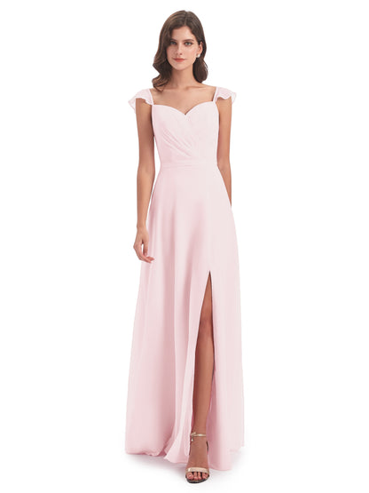 Mylah Sheath Cap Sleeves Split Chiffon Long Bridesmaid Dresses