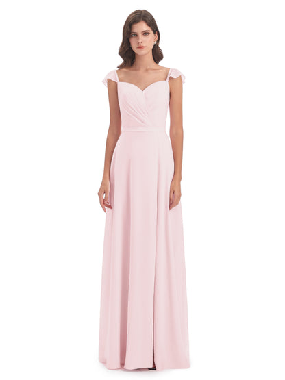 Mylah Sheath Cap Sleeves Split Chiffon Long Bridesmaid Dresses