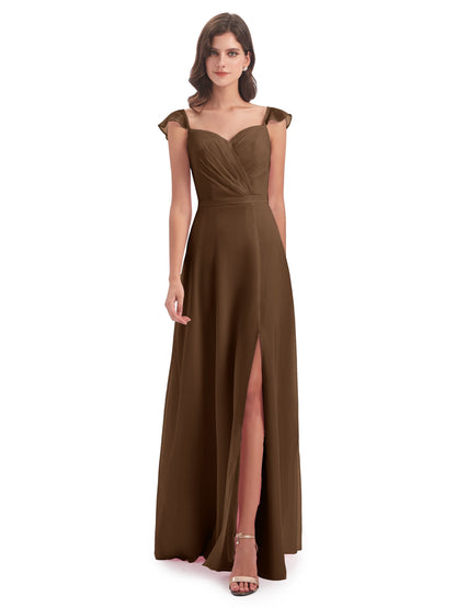 Mylah Sheath Cap Sleeves Split Chiffon Long Bridesmaid Dresses
