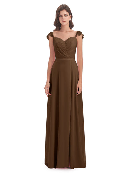 Mylah Sheath Cap Sleeves Split Chiffon Long Bridesmaid Dresses