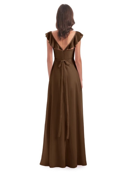 Mylah Sheath Cap Sleeves Split Chiffon Long Bridesmaid Dresses