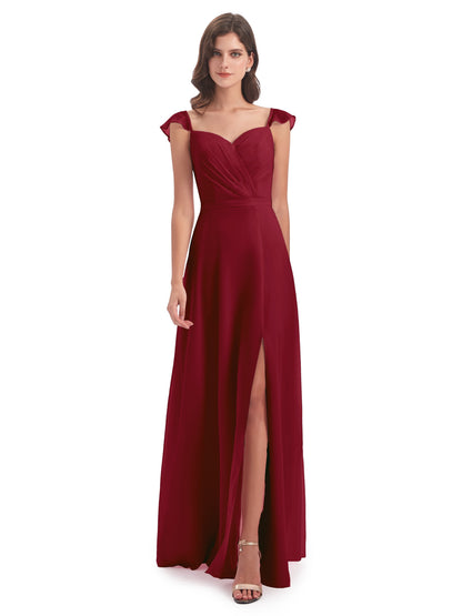 Mylah Sheath Cap Sleeves Split Chiffon Long Bridesmaid Dresses