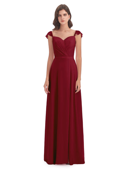 Mylah Sheath Cap Sleeves Split Chiffon Long Bridesmaid Dresses
