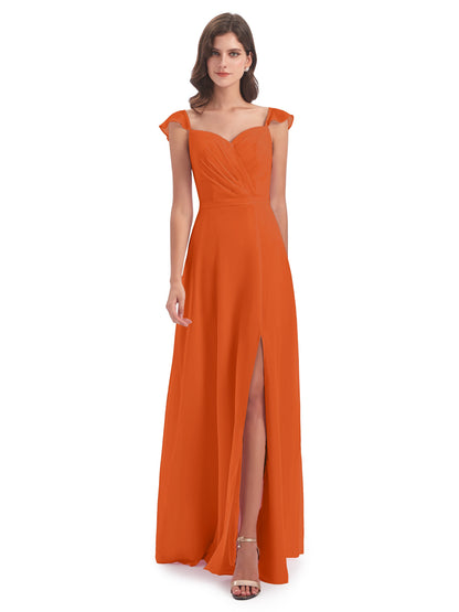 Mylah Sheath Cap Sleeves Split Chiffon Long Bridesmaid Dresses
