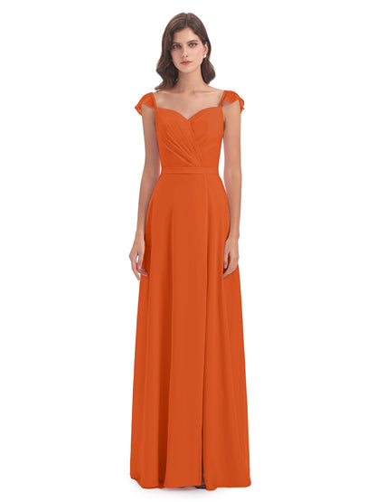 Mylah Sheath Cap Sleeves Split Chiffon Long Bridesmaid Dresses