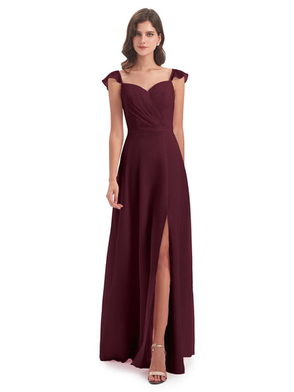 Mylah Sheath Cap Sleeves Split Chiffon Long Bridesmaid Dresses