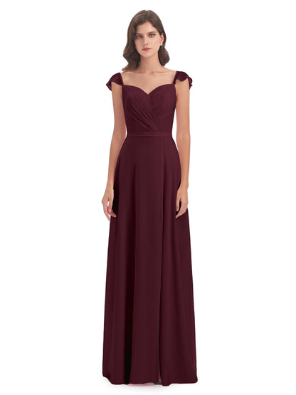 Mylah Sheath Cap Sleeves Split Chiffon Long Bridesmaid Dresses