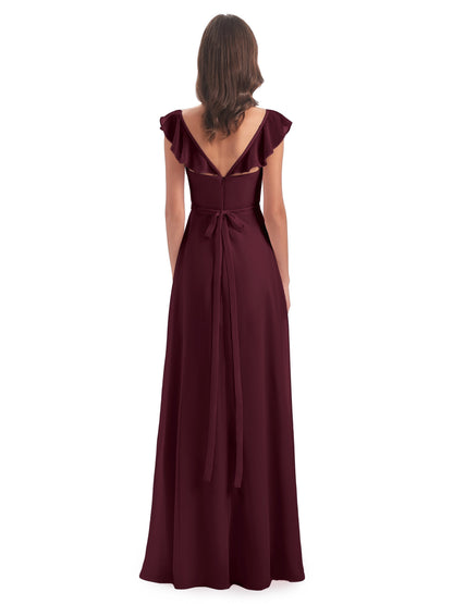 Mylah Sheath Cap Sleeves Split Chiffon Long Bridesmaid Dresses