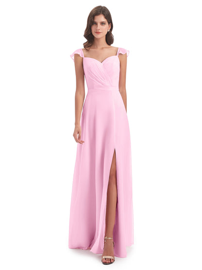 Mylah Sheath Cap Sleeves Split Chiffon Long Bridesmaid Dresses