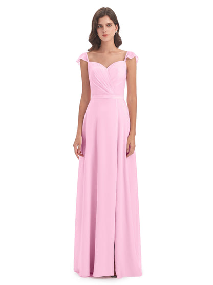 Mylah Sheath Cap Sleeves Split Chiffon Long Bridesmaid Dresses