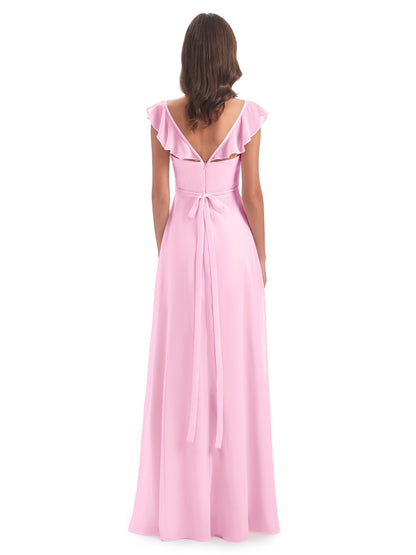 Mylah Sheath Cap Sleeves Split Chiffon Long Bridesmaid Dresses