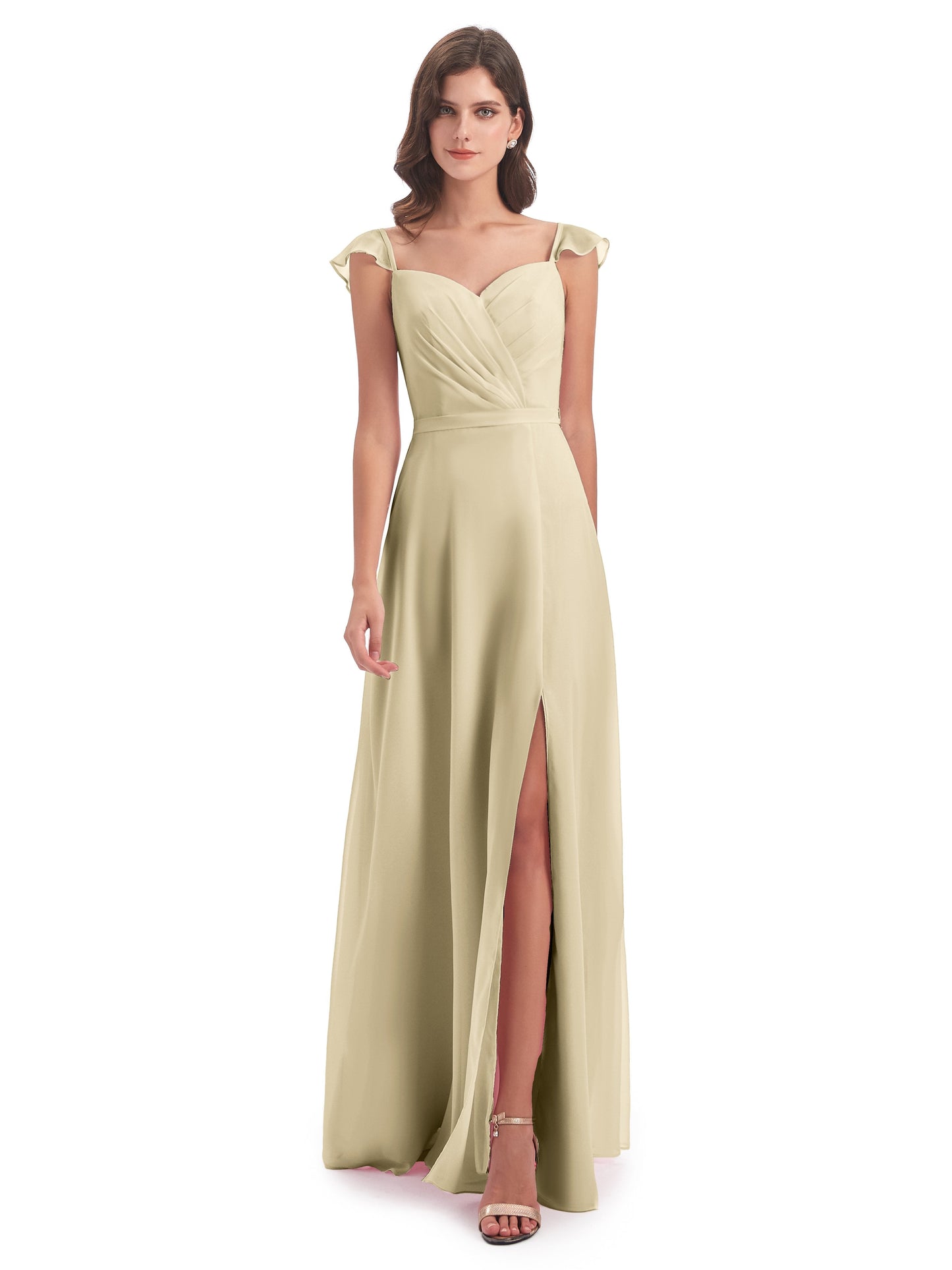 Mylah Sheath Cap Sleeves Split Chiffon Long Bridesmaid Dresses